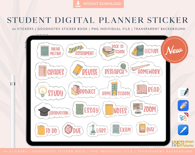May include: A digital planner sticker set with 44 stickers for Goodnotes. The stickers are in a variety of colors and feature illustrations of school supplies, books, and other student-related items. The stickers are designed to help students organize their notes and schedules. The text "New" is in a red circle at the top right of the image.