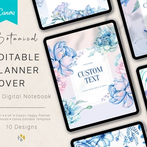 May include: Ten digital planner covers featuring watercolor floral designs in shades of blue and pink. The covers are customizable with the text "Custom Text".