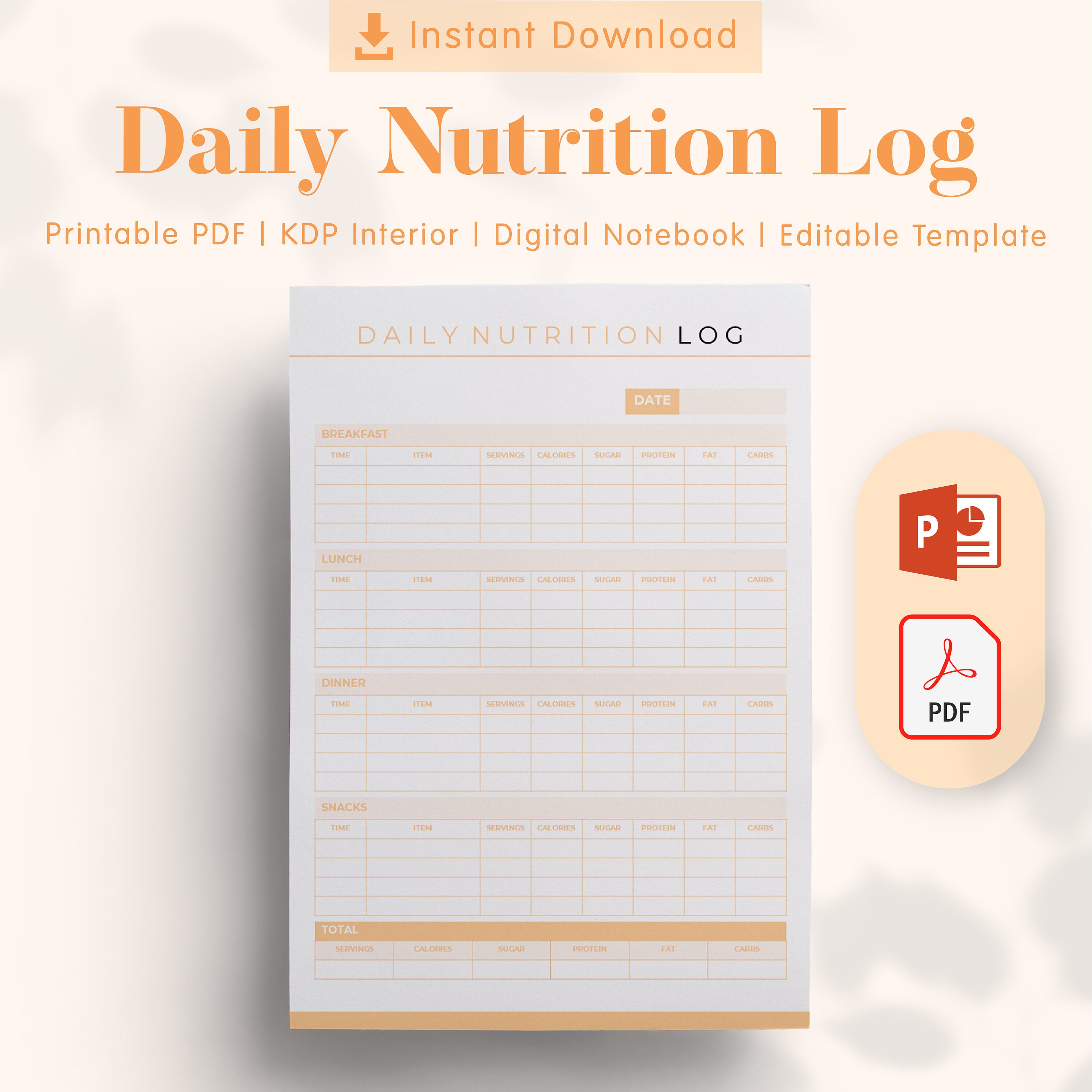 Daily Nutrition Log Printable PDF Powerpoint Editable | Etsy