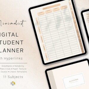 May include: A digital student planner with hyperlinks for GoodNotes and Notability. The planner has 11 subjects and includes 6 covers and 4 note templates. The planner is designed for iPad and has a paper texture.