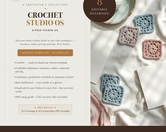 Crochet Designer Notion Template, Studio Planner, 8 Databases, Inventory and Business Records, Digital Download