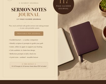 Sermon Notes Journal Printable, Church Notes Workbook, Christian Bible Study Notebook, Scripture Prayer Application PDF