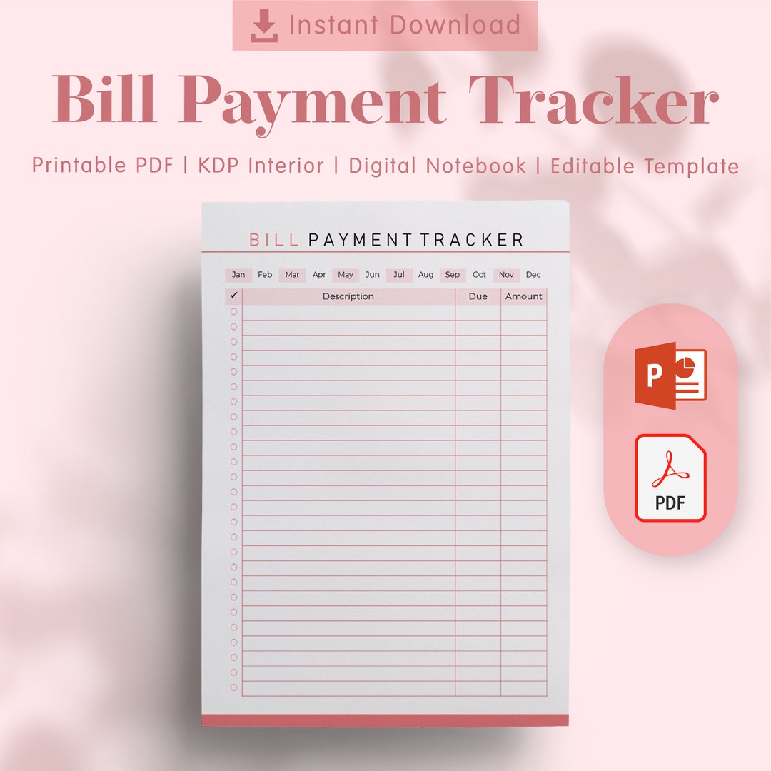 Bill Payment Tracker Planner Template KDP Interiors Editable, Printable
