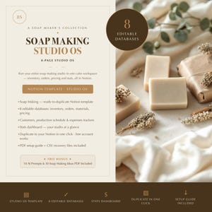 May include: A digital Notion template titled Soap Making Studio OS for managing soap production. The beige graphic includes text detailing 8 editable databases, inventory, orders, and pricing trackers. A dark brown circle highlights 8 editable databases.