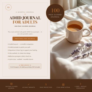 Puede incluir: Un diario digital de TDAH para adultos con un sistema guiado de 100 páginas. El texto incluye 'A Mindful Journal', 'ADHD Journal for Adults' y 'Printable PDF Journal'. Una taza beige con café y ramas de lavanda son visibles a la derecha.