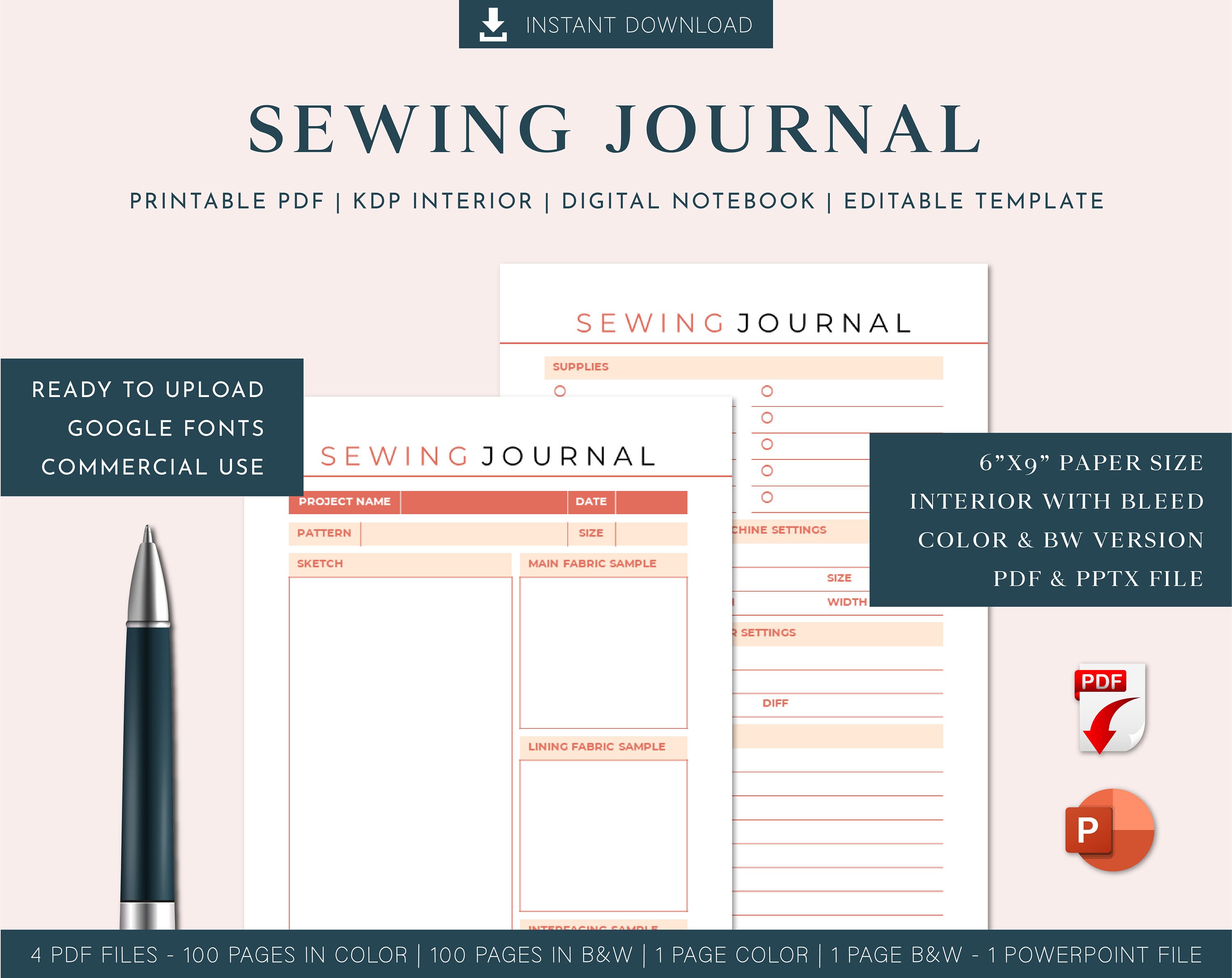 Sewing Journal Printable PDF Powerpoint Editable Instant Etsy