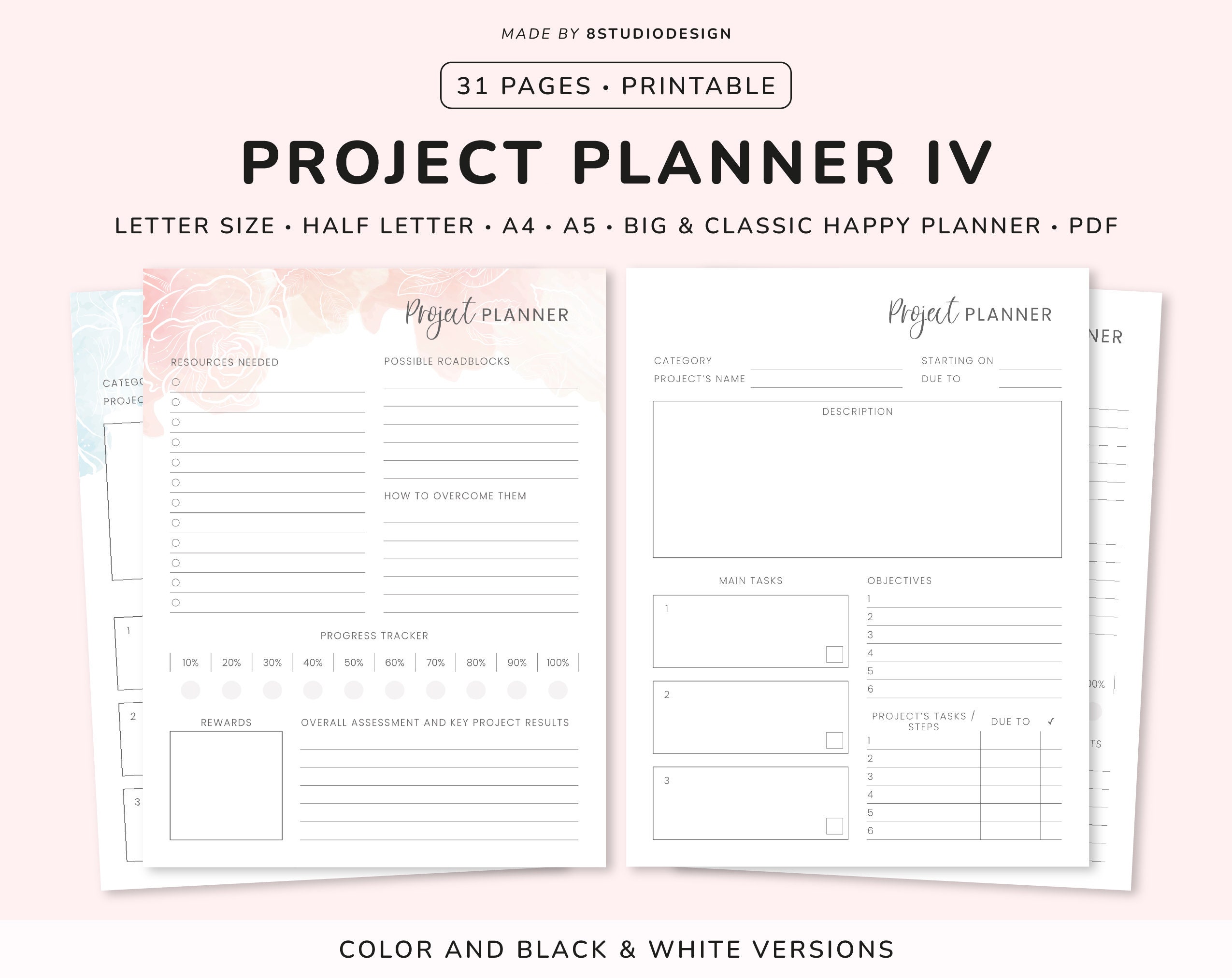 Planificador de proyectos imprimible - Planificador de productividad, Gestión de proyectos, Seguimiento de proyectos, Organizador de proyectos, Planificador de proyectos PDF, Planificador feliz