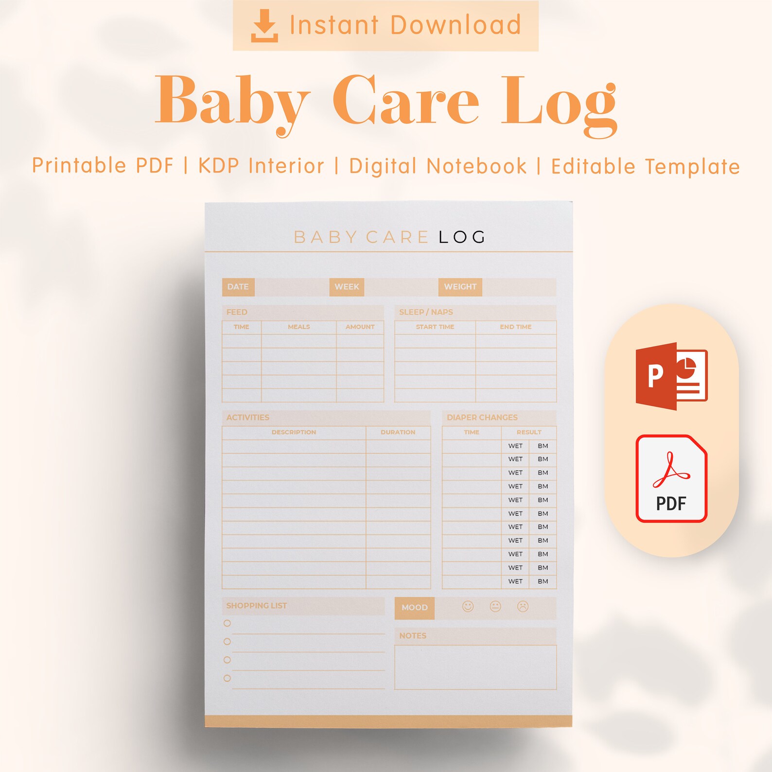 Baby Care Log Printable Template KDP Interiors Editable, Printable PDF ...