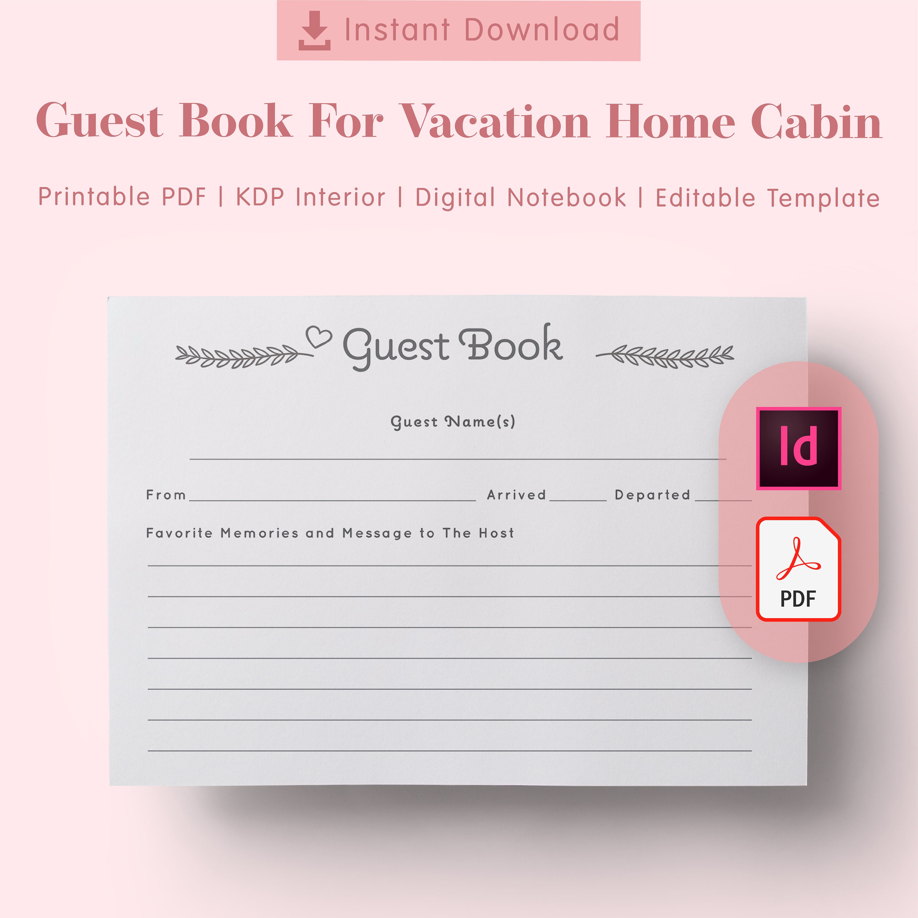 Guest Book for Vacation Home Cabin 8.25x6 and Letter Size KDP Interiors  Editable Printable PDF Indesign Editable Instant Download 