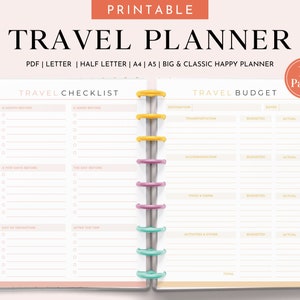 Planejador de viagens para impressão - itinerário do planejador de viagens, modelo de planejador, inserções grandes e clássicas de planejador feliz, carta, meio tamanho, A4, A5