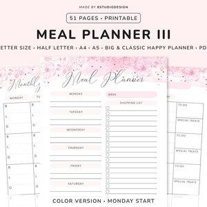 Meal Planner Template - Planner Printable, Menu Planner, Grocery List, Shopping List, Meal Plan, Meal Planning, Happy Planner Insert