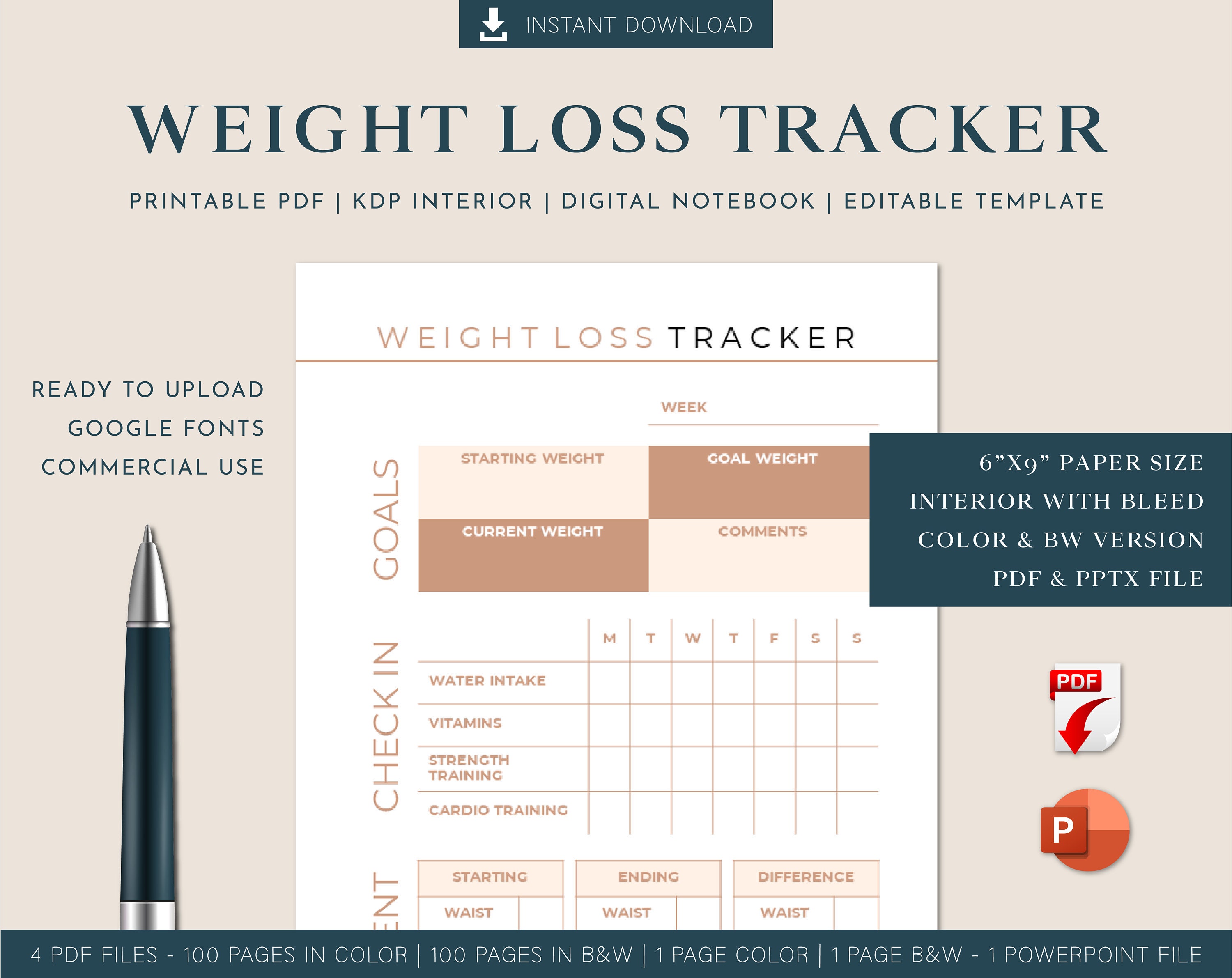 Weight Loss Tracker Planner Template KDP Interiors Editable, Printable