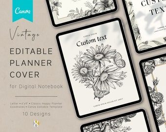 Couverture d'agenda modifiable - 10 couvertures modifiables en toile pour cahier numérique, Goodnotes, design botanique, Happy Planner classique, taille lettre, 6 x 9