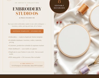 Embroidery Artist Notion Template, Studio Planner, 8 Databases, Inventory and Business Records, Digital Download