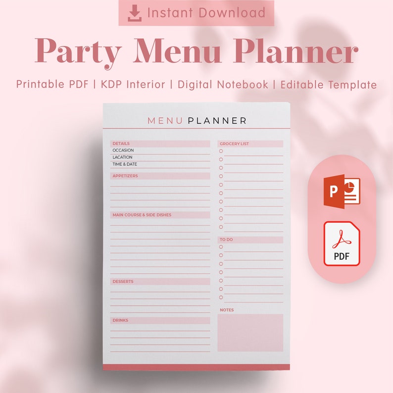 Party Menu Planner Template KDP Interiors Editable, Printable PDF, Editable Template, Printable