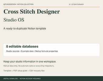 Cross Stitch Designer Notion Template, Studio Planner, 8 Databases, Inventory and Business Records, Digital Download