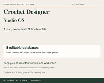 Crochet Designer Notion Template, Studio Planner, 8 Databases, Inventory and Business Records, Digital Download