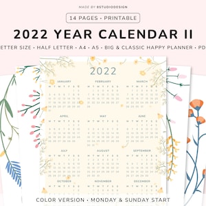 2022 Year Calendar Printable, Yearly Wall Calendar, Desk Calendar, Year At A Glance Sunday & Monday Start, A5, A4, Letter, Half, Vertical