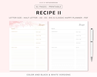 Recipe - Planner Printable, Recipe Card, Recipe Template, Recipe Book, Cooking, Half, A5, A4, Letter, Happy Planner, Planner Inserts