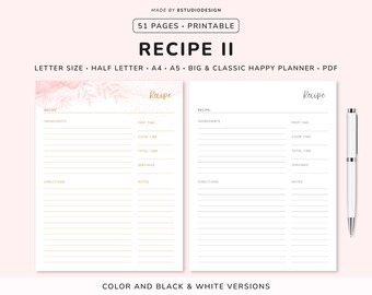 Recipe - Planner Printable, Recipe Card, Recipe Template, Recipe Book, Cooking, Half, A5, A4, Letter, Happy Planner, Planner Inserts