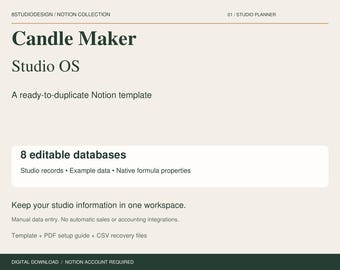 Candle Maker Notion Template, Studio Planner, 8 Databases, Inventory and Business Records, Digital Download