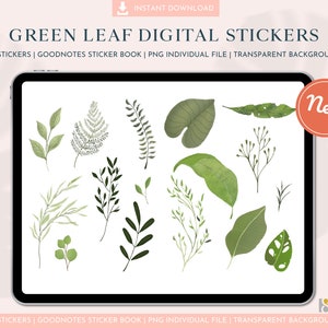 Green Leaf Stickers for Digital Planner - Leafy Plant Stickers, Botanical Decorative Stickers for GoodNotes, Digital Sticker for iPad