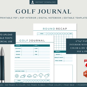 May include: Printable golf journal template in color and black and white. The template includes a round recap section with a grid for recording scores, a section for recording course details, and a section for recording weather conditions. The template is available in PDF and PPTX file formats.