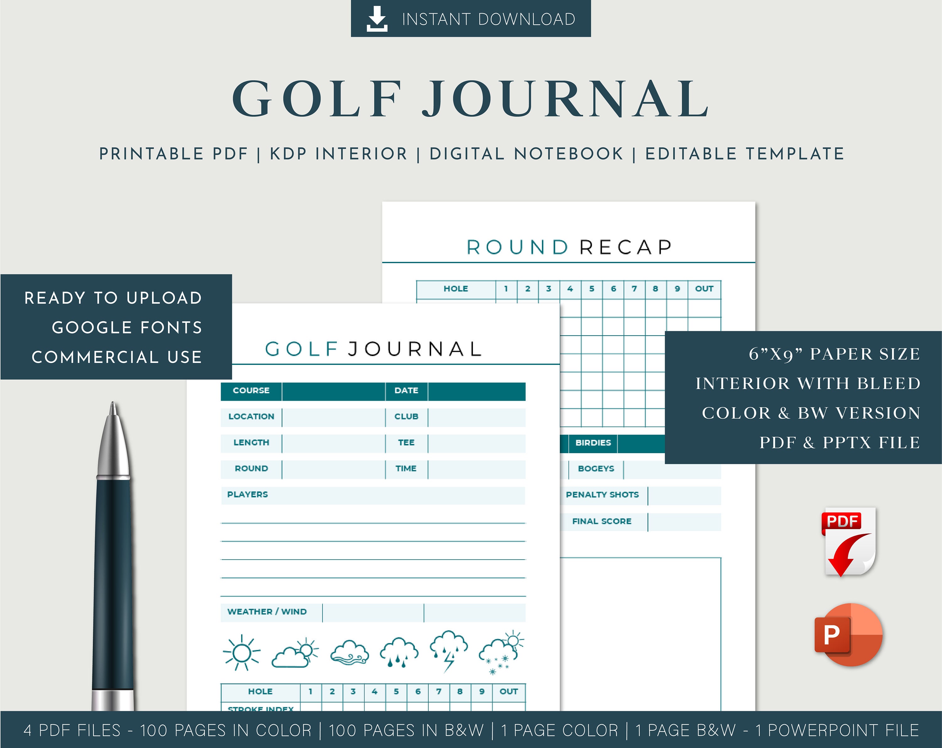 Golf Journal Planner Template KDP Interiors Editable Etsy