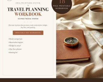 Travel Planning Workbook | Day Flow, Budget, Packing & Reservation Worksheets | 18-Page PDF | 4 Sizes