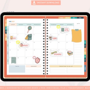 May include: A digital planner with a June 2021 calendar, stickers, and a to-do list. The stickers include a magnifying glass, books, a clock, a project, a quiz, a zoom meeting, an assignment, and an online meeting.