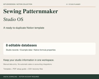 Sewing Patternmaker Notion Template, Studio Planner, 8 Databases, Inventory and Business Records, Digital Download