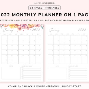 2022 Monthly Planner Printable, Dated Month on 1 Page, Monthly Organizer, Monthly Agenda, Month at a Glance, A5, A4, Letter, Happy Planner
