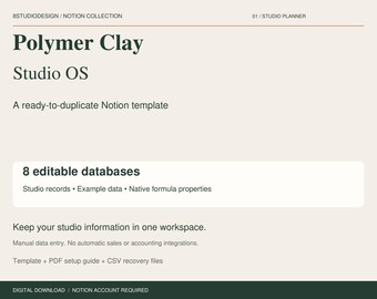 Polymer Clay Notion Template, Studio Planner, 8 Databases, Inventory and Business Records, Digital Download