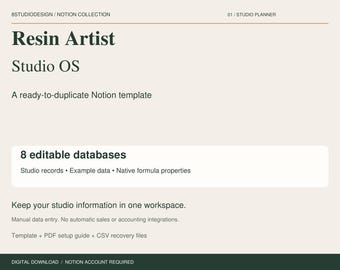 Resin Artist Notion Template, Studio Planner, 8 Databases, Inventory and Business Records, Digital Download