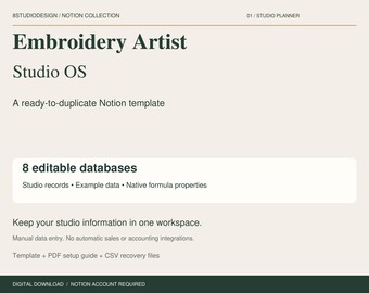 Embroidery Artist Notion Template, Studio Planner, 8 Databases, Inventory and Business Records, Digital Download