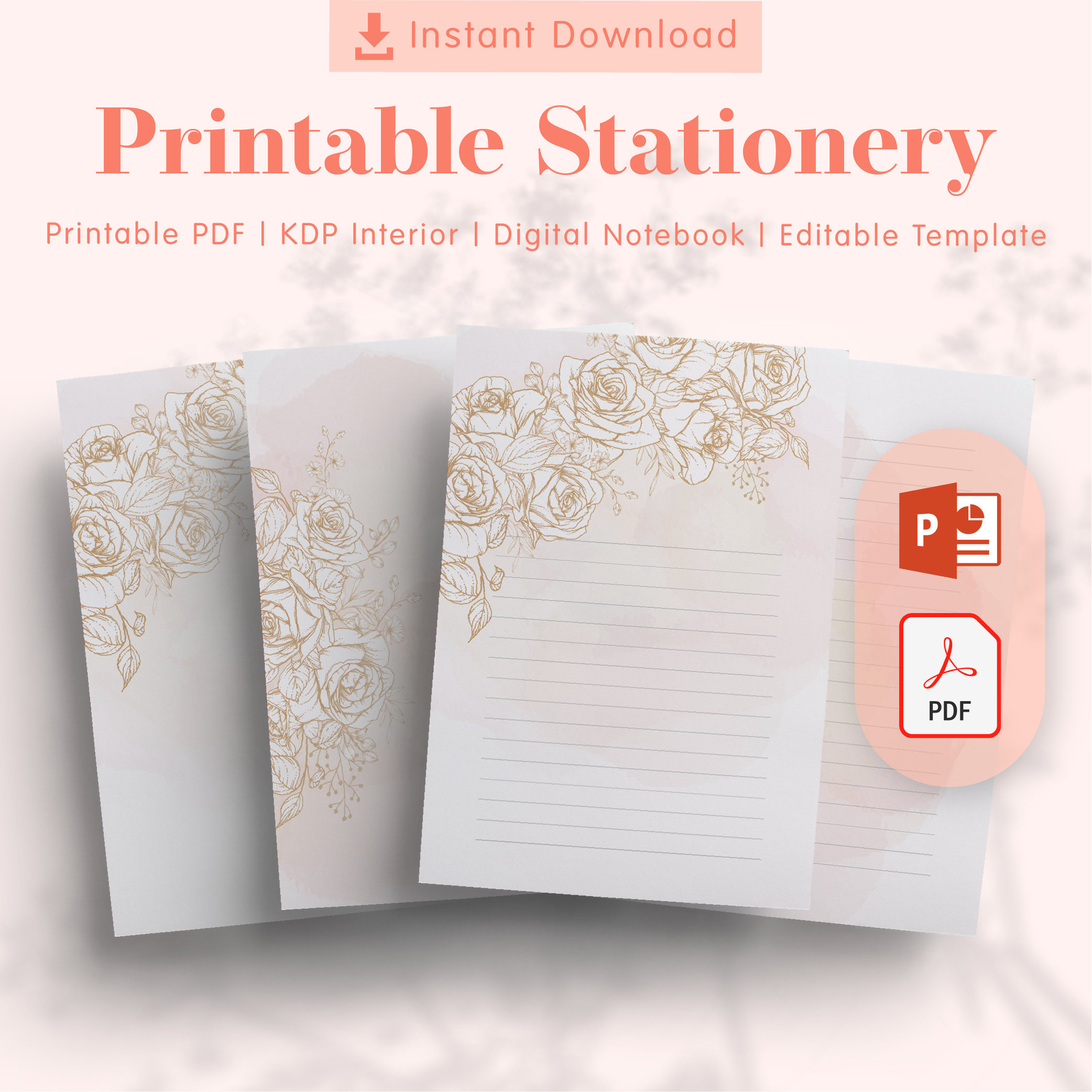 Rose Printable Stationery - Lined and Unlined - Printable PDF ...