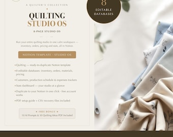 Quilting Designer Notion Template, Studio Planner, 8 Databases, Inventory and Business Records, Digital Download
