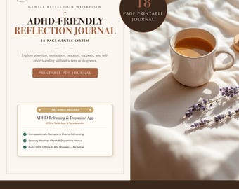 ADHD-Friendly Reflection Journal | Attention, Motivation, Emotion & Support Worksheets | 18-Page PDF | 4 Sizes