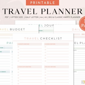 Planificador de viajes imprimible - Itinerario del planificador de viajes, Plantilla de planificador, Inserciones de planificador feliz grandes y clásicos, Carta, Tamaño medio, A4, A5