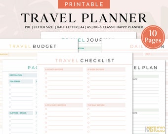 Planificador de viajes imprimible - Itinerario del planificador de viajes, Plantilla de planificador, Inserciones de planificador feliz grandes y clásicos, Carta, Tamaño medio, A4, A5