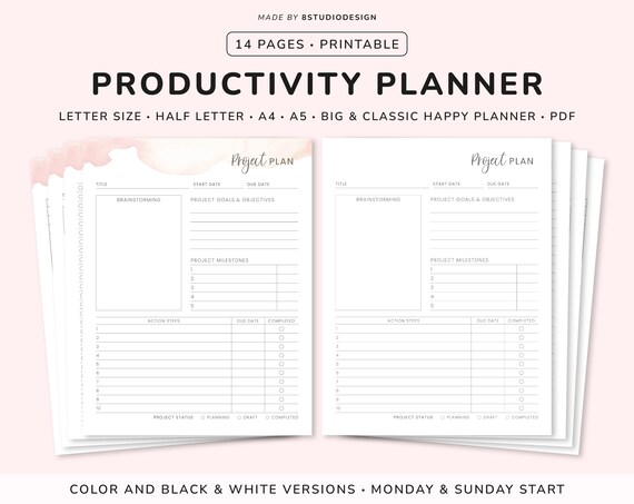 Productivity Planner Printable Daily Weekly Monthly Planner | Etsy