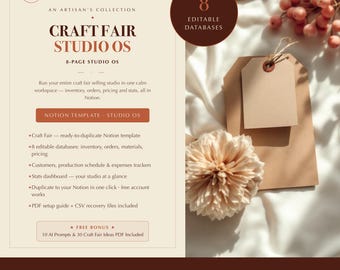 Craft Fair Artisan Notion Template, Studio Planner, 8 Databases, Inventory and Business Records, Digital Download