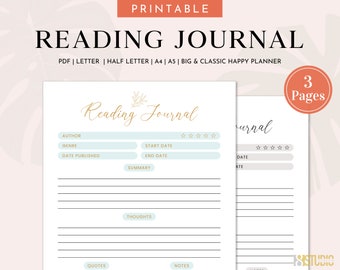 Lesejournal - druckbarer Planer, Lesetagebuch, Lesetracker, Leseplaner, Buchtracker, Buchbesprechung, Happy Planner Einlage