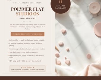 Polymer Clay Notion Template, Studio Planner, 8 Databases, Inventory and Business Records, Digital Download