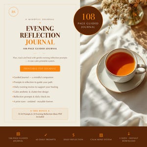 Könnte beinhalten: Ein 108-seitiges geführtes Abendreflexionsjournal als druckbares PDF. Der Text enthält Titel, Beschreibungen täglicher Anregungen und einen kostenlosen Bonusbereich. Das Layout zeigt einen cremefarbenen Hintergrund mit dunkelbraunem Text.