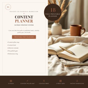 Content Planner Printable | Editorial Calendar, Content Brief & Workflow Worksheets
