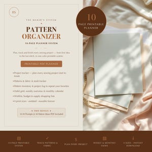 May include: A 10-page printable pattern organizer planner system with text detailing project trackers, fabric stash logs, habit grids, and calendars. The document includes a bonus section for AI prompts and pattern ideas, presented in a clean layout.