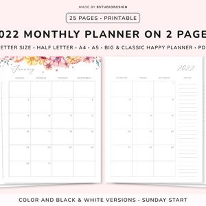 2022 Monthly Planner Printable, Dated Month on 2 Pages, Monthly Organizer, 2022 Calendar, Month at a Glance, A5, A4, Letter, Happy Planner