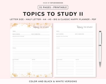 Topics to Study - Planner Printable, Student Planner, College Planner, Academic Planner, School Planner, Half Size, A5, A4, Letter