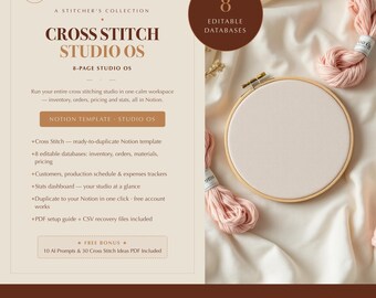Cross Stitch Designer Notion Template, Studio Planner, 8 Databases, Inventory and Business Records, Digital Download
